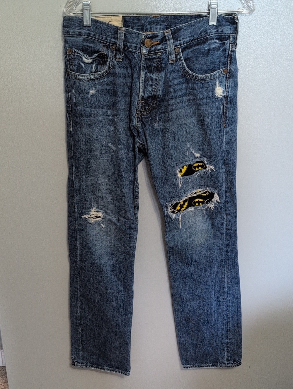 Hollister Straight Jeans in Washed Blue with Batman Patch Accents 28x30